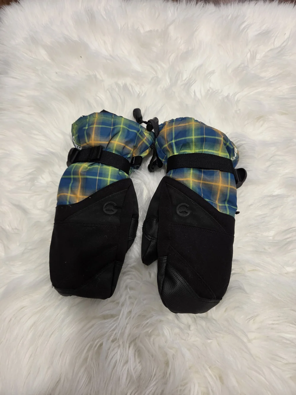 Gordini Plaid Blue & Yellow Ski Mittens with Black Palm